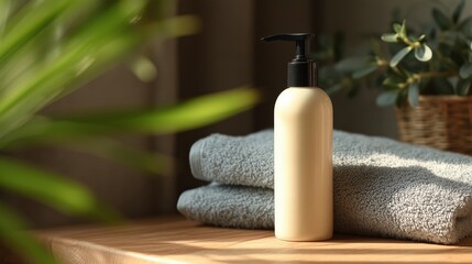 Sleek Skincare Bottle Beside Soft Towels on a Wooden Surface With Natural Light During the Afternoon Generative AI