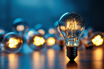 Glowing lightbulb in focus among dim bulbs, photorealistic style, set on a reflective surface with a blue background, concept of business innovation. Ai generative