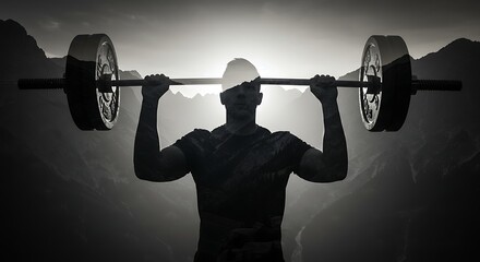 silhouette of man lifting barbell with mountain overlay for strong gym double exposure poster