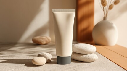 Elegant Skincare Product Displayed With Natural Stones and Warm Lighting in a Minimalist Setting Generative AI
