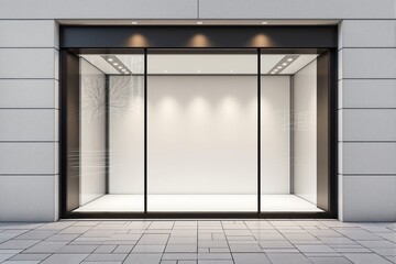 Empty shop window with glass panels and spotlights, modern minimalist style, on a tiled background, concept of business presentation or display. Ai generative