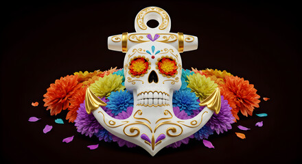 Fototapeta premium Decorated Skull and Anchor with Floral Embellishments for Day of the Dead
