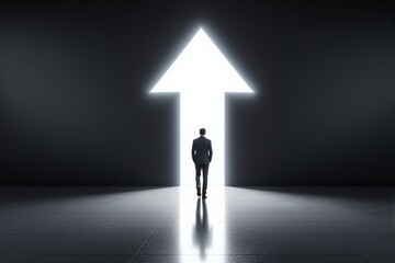 Obraz premium Businessman walking into glowing upward arrow-shaped doorway, minimalistic style, dark tiled background, concept of leadership, success, and ambition. Ai generative