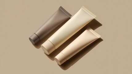 Skincare Tubes Arranged on a Smooth Surface Showcasing Different Shades and Sizes Under Soft Light Generative AI