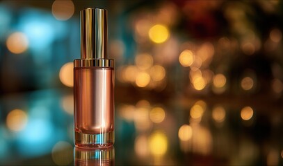 Elegant Glass Perfume Bottle Reflecting Soft Lights in an Intimate Setting During Evening Hours Generative AI