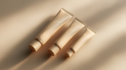 Elegant Arrangement of Three Cream Tubes on a Soft Surface Captured in Natural Light During Morning Hours Generative AI