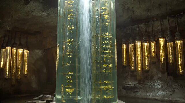 Towering vertical cores pulsate in deep Agartha lab. Energy flows through massive Agartha columns wrapped in golden light. Agartha secrets remain buried in glowing vertical maze.