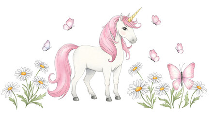 Delicate Illustration of a Unicorn Amidst Daisies and Fluttering Butterflies