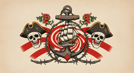 Vintage tattoo design of pirate skull, ship, anchor, roses and barbed wire illustration