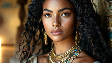 pretty young black African woman in ancient tribal queen attire with gold or bronze necklace and earrings at ancient palace