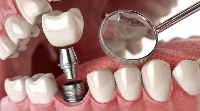 Close-up view of human mouth during dental implant procedure showing detailed installation of artificial tooth root in jawbone. Concept of modern dentistry, oral surgery, tooth replacement health care