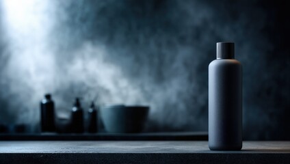 Stylish Black Bottle on a Dark Countertop With Blurred Background Elements in a Modern Setting Generative AI