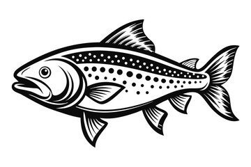 Detailed Black and White Illustration of a Trout Fish with Distinctive Spotted Pattern