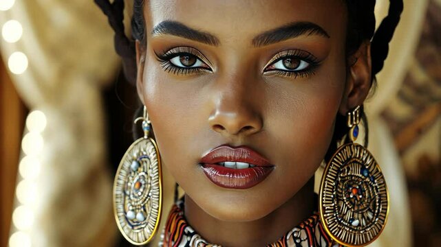 pretty young black African woman in ancient tribal queen attire with gold or bronze necklace and earrings at ancient palace