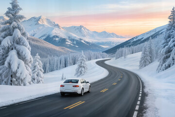 car driving on nature road landscape in snowy mountain in winter season snow winter road scenery in europe trip concept winter travel highway scene winter landscape on sunset in snowy mountains