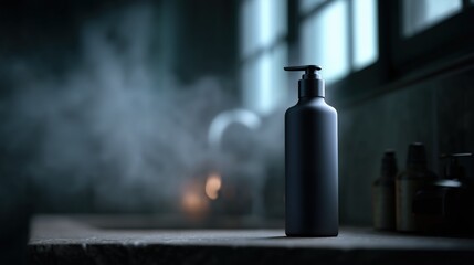Minimalist Black Bottle on a Bathroom Countertop in Soft, Dim Lighting With Steam in the Background Generative AI