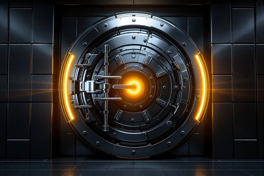 Futuristic metallic vault door with glowing circular lock in center, sci-fi style, dark tiled background, concept of data protection and business security, Ai generative