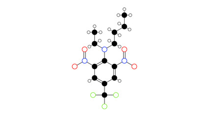 benfluralin molecule, structural chemical formula, ball-and-stick model, isolated image herbicide