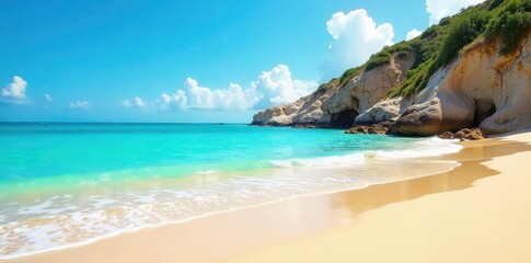 Obraz premium Sun-drenched coastal scene, vibrant turquoise water laps gently against golden sand Perfect summer holiday backdrop, idyllic beach escape Calm sea, bright sky , waves, sun