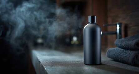 Moody Bathroom Setting With a Dark Bottle Surrounded by Soft Towels and Steam at Dusk Generative AI