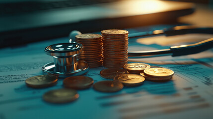 Stethoscope and coins on financial documents, healthcare costs concept, warm lighting, financial planning, economic analysis, Healthcare Financial Awareness Day, healthcare finance