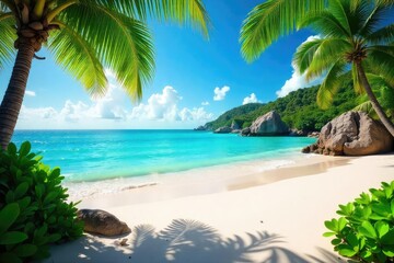 Sun-drenched white sand beach, turquoise water lapping gently at the shore, lush tropical vegetation framing the idyllic scene Perfect for vacation or travel themes , waves, ocean, dunes