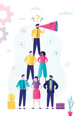Successful dream team, Business development and teamwork. Business concept of vision. Business people forming pyramid and leader uses spyglass.