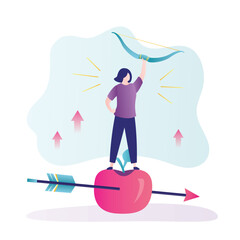 Successful business story concept. Female character hit in bullseye with her bow. Businesswoman standing on giant apple target hitted arrow. Happy and lucky business woman