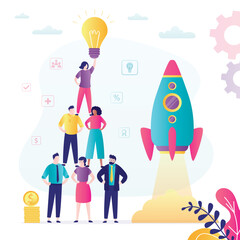 Brainstorming, business people forming pyramid, woman leader on top holding light bulb. Multiethnic businessmen team with new innovation ideas. Launching startup.