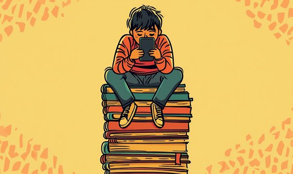 A bored person slouched on a tall stack of books, holding a phone close to their face, showing poor posture and lack of interest.

