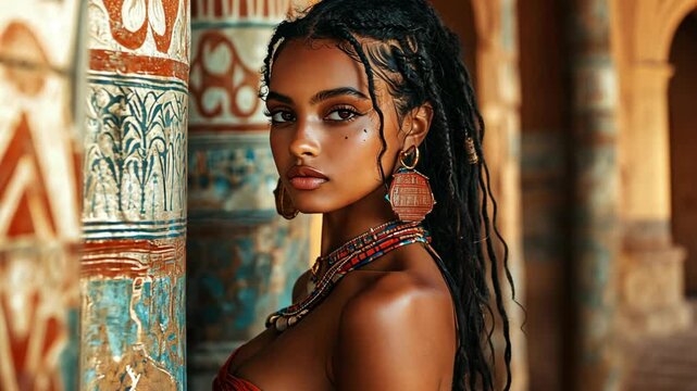 pretty young black African woman in ancient tribal queen attire with gold or bronze necklace and earrings at ancient palace