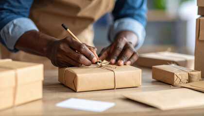 Man writing on brown paper package with pencil showing social impact on small business success