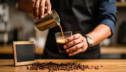Barista pouring fresh coffee into glass with coffee beans on table showing social impact of small business culture