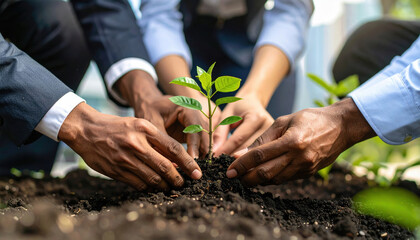 Business social impact concept with hands planting young green plant in soil for growth and sustainability