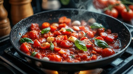 Saut?ed cherry tomatoes with basil and garlic in a pan