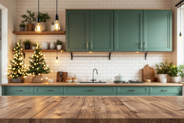 Holiday kitchen interior with green cabinets, wooden counter, festive lights, cozy style, warm lighting, white brick wall background. Ai generative