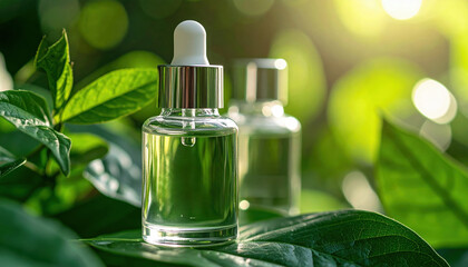 Natural skincare serum bottle with dropper on green leaf showing social impact in sustainable business growth under sunlight
