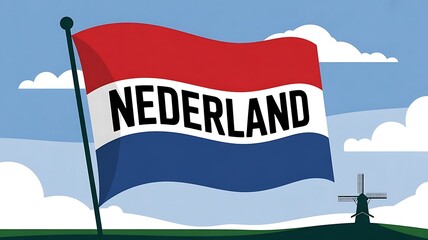 Waving Netherlands flag with the country name and a windmill in the background.