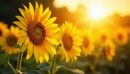 Obraz premium Vibrant sunflowers basking in the warm glow of summer sunlight, their faces turned towards the golden rays A breathtaking display of nature's beauty and the power of the sun , ray, golden