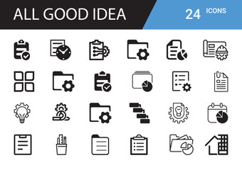 Business icons set: Diverse vector icon representing business functions, include business data and time management, strategy and planning, analysis, and building.