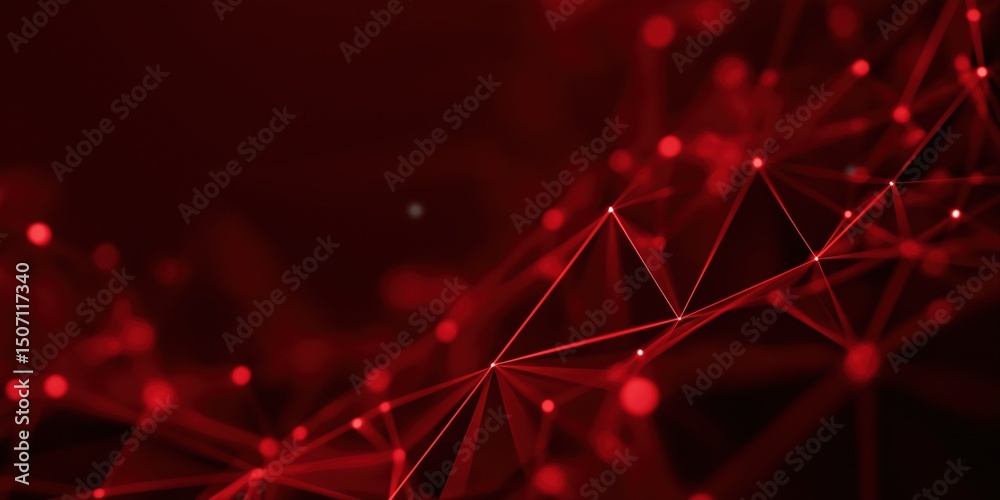 Poster a red background with a red line that is curved and has many dots. the image has a futuristic and ab