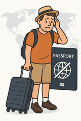 Confused frustrated tourist traveler passport problem travel restriction ban. Worried man luggage suitcase vacation dilemma. Immigration visa border control stress concept