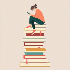 A bored person slouched on a tall stack of books, holding a phone close to their face, showing poor posture and lack of interest.

