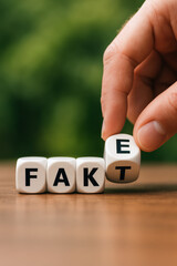 Hand holding cubes with text "Fake" 