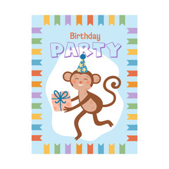 Cartoon monkey birthday party invitation template. Concept of celebration fun. Hand-drawn vector illustration in flat style.