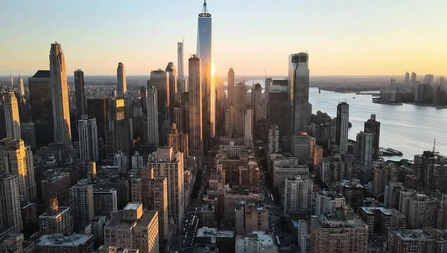 Wide angle aerial shot of New York around 7pm in the summer with magnificent view of city skyscrapers