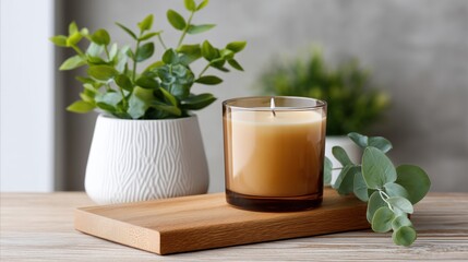Stylish Home Aromatic Candle Placed on Wooden Tray Next to Decorative Greenery in a Modern Setting Generative AI
