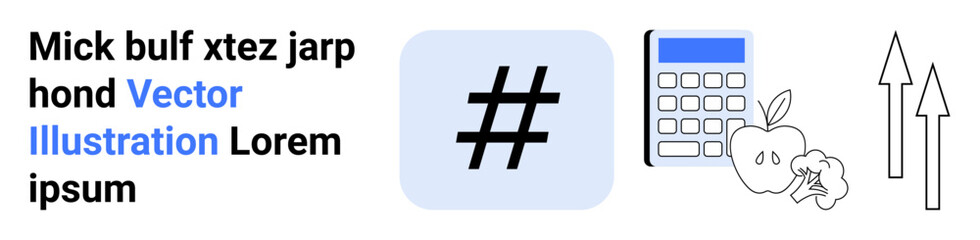 metadata tag in blue square, calculator, apple, broccoli, and upward arrows signifying calculation, growth, health, and organization. Ideal for education wellness business finance productivity
