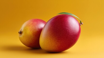 Two Ripe Mangoes on a Vibrant Yellow Background Showcasing Their Rich Colors and Textures Underneath Soft Lighting Generative AI
