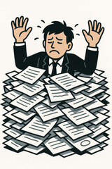 Overwhelmed businessman crying surrendering hands up drowning in massive paperwork pile documents administrative burden office stress workload pressure burnout concept